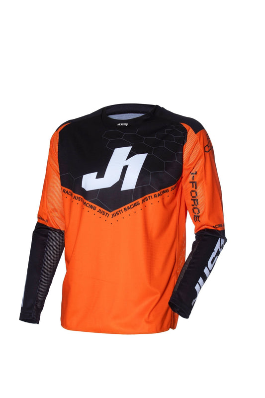 Just1 J-Force Hexa orange/black jersey with hex pattern and white logo, long-sleeve racing apparel