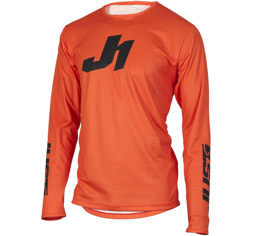 Just 1 J-Essential orange jersey, long-sleeve athletic top with a black logo on the chest.