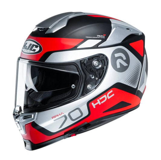 HJC RPHA 70 Shuky Red full-face motorcycle helmet with silver/black graphics and clear visor