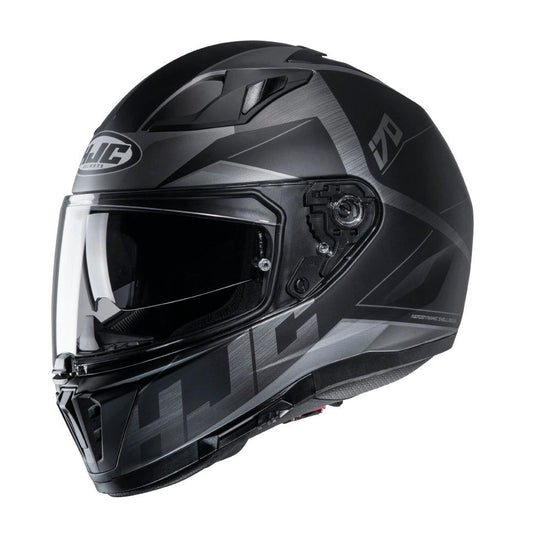 HJC I70 Eluma Grey full-face motorcycle helmet with black and gray graphic design and clear visor