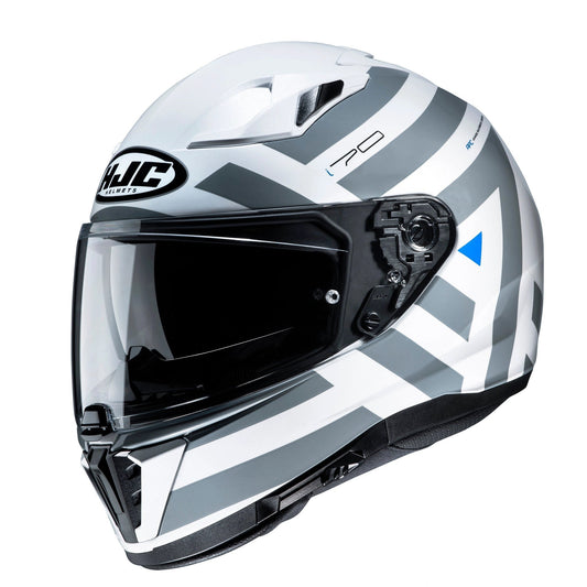 HJC I70 Watu motorcycle helmet in white/gray with geometric graphics and clear visor