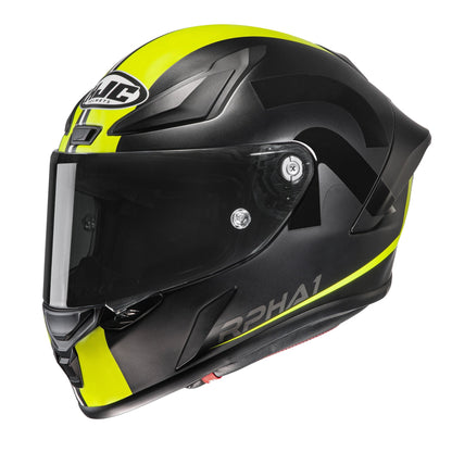 HJC RPHA 1 Senin helmet in black with neon yellow accents and clear visor