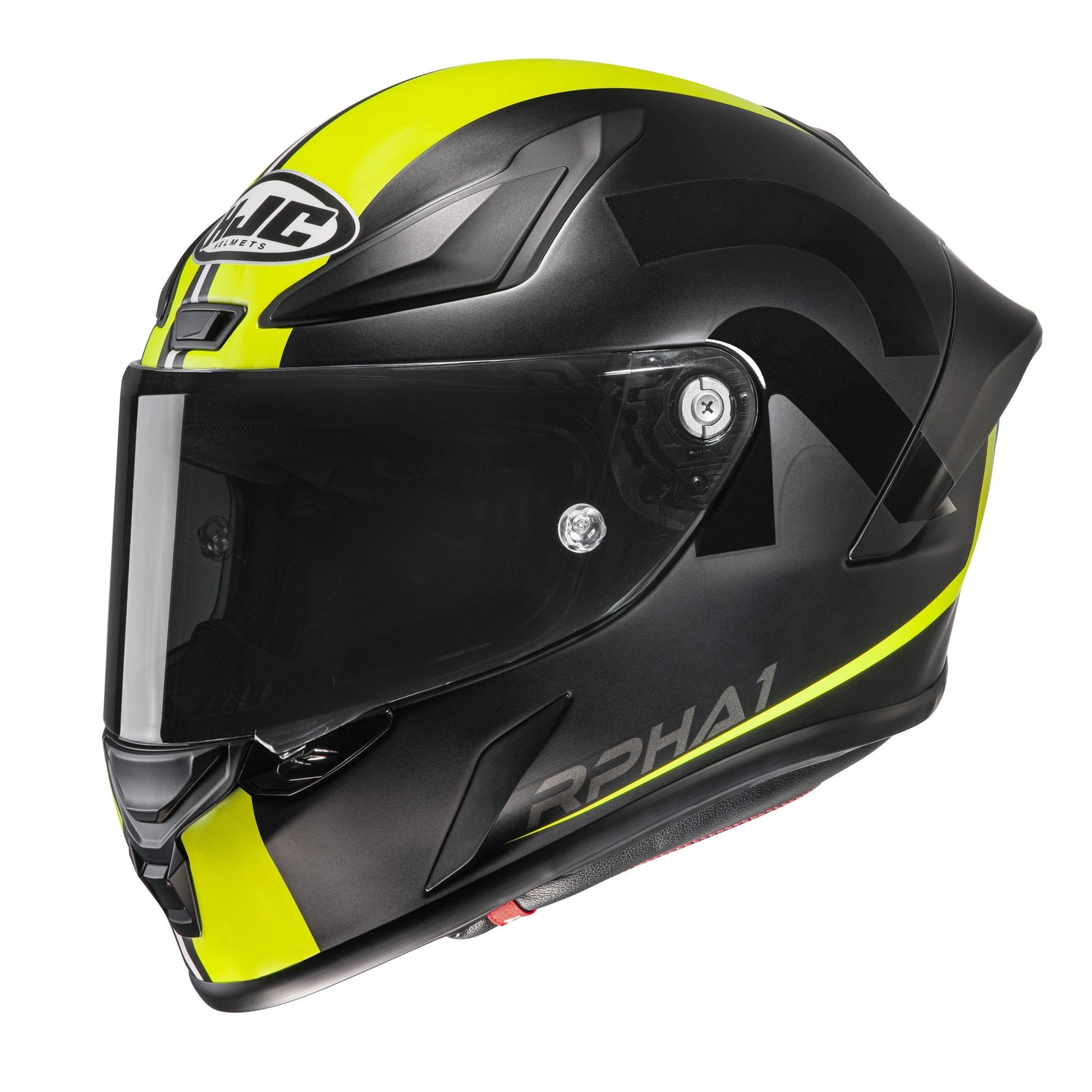 HJC RPHA 1 Senin motorcycle helmet, black with neon yellow accents, clear visor