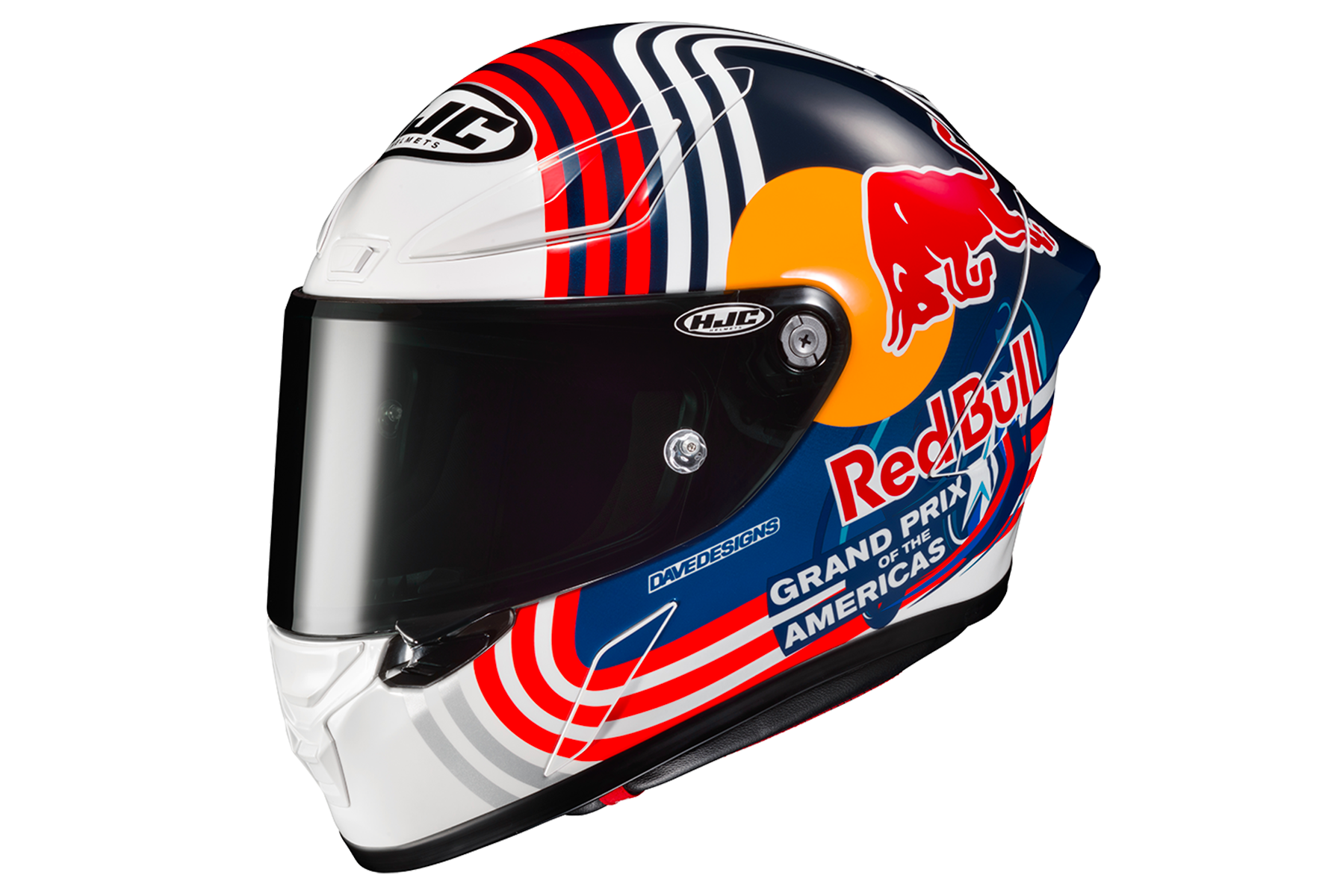 HJC RPHA 1 helmet with Red Bull Austin GP graphics in blue, white and orange