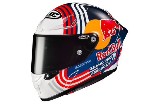 HJC RPHA 1 helmet with Red Bull Austin GP graphics in blue, white and orange