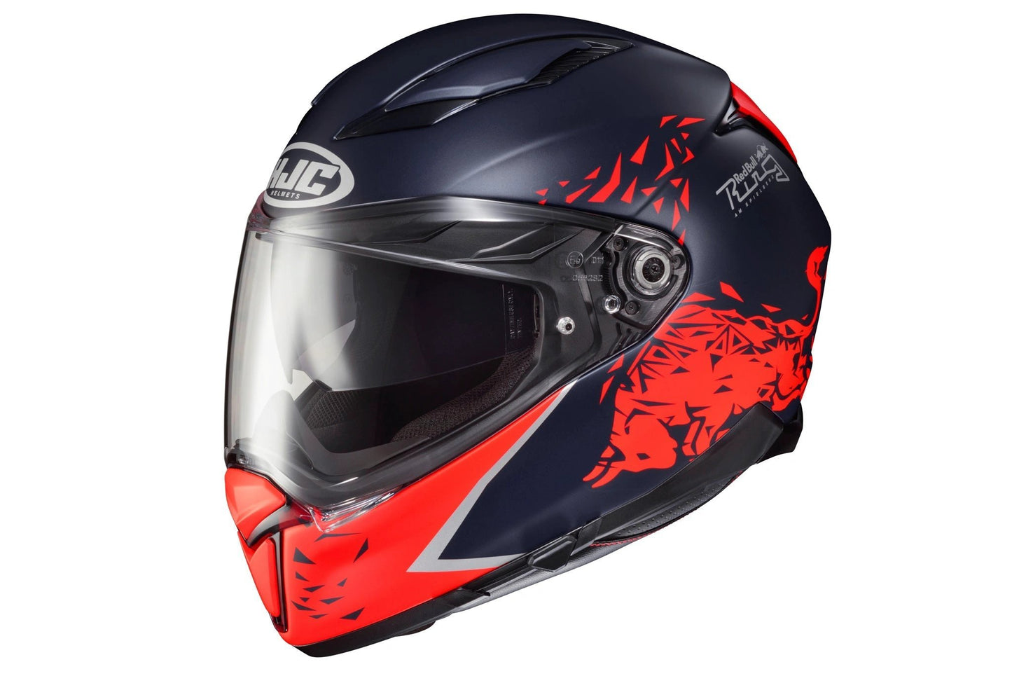 HJC F70 helmet navy blue with red graphics and clear visor