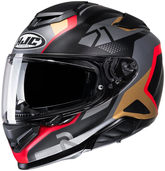 HJC RPHA 71 helmet in black, gray, and red with bold graphic pattern