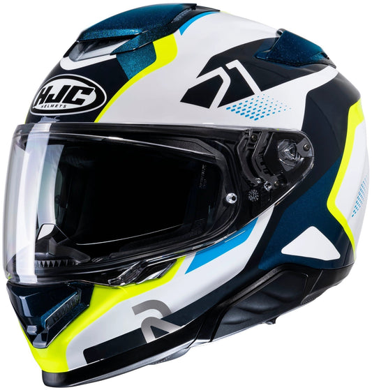 HJC RPHA 71 motorcycle helmet in white with fluo yellow, blue/black graphics; clear visor.