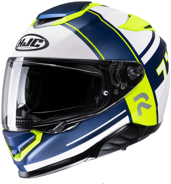 HJC RPHA 71 Zecha full-face helmet in blue, white and neon yellow with clear visor