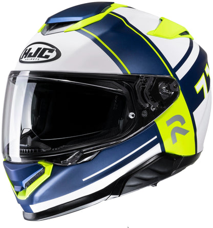 HJC RPHA 71 Zecha full-face motorcycle helmet in blue, white and neon yellow with clear visor