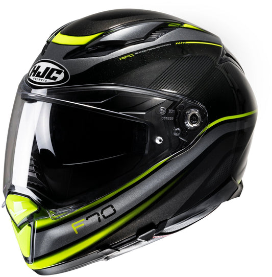 HJC F70 Diwen motorcycle helmet in black with neon yellow accents and clear visor