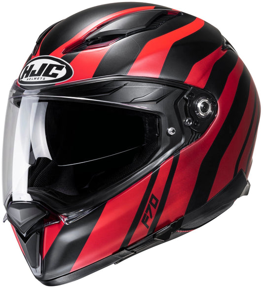 HJC F70 Galla helmet MC1 in black and red with bold stripe pattern