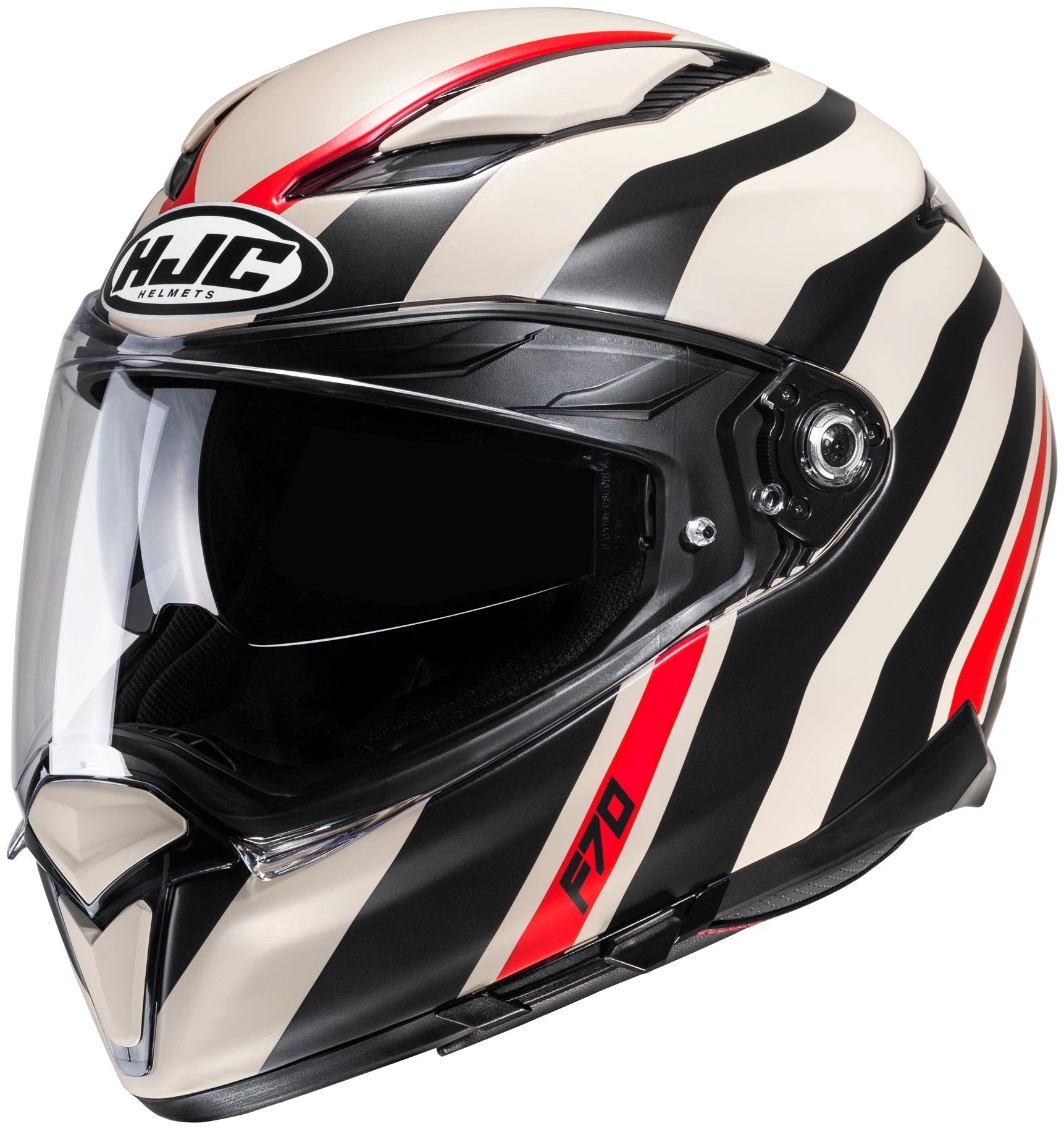 HJC F70 full-face helmet in Galla Sand/Black/Red with zebra-stripe pattern and clear visor