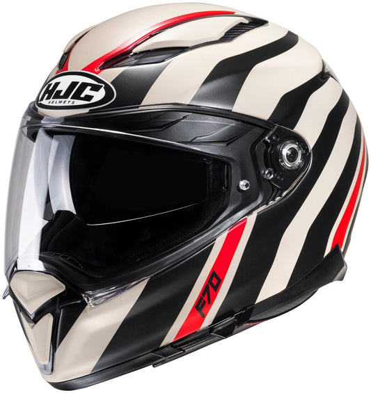 HJC F70 full-face helmet in Galla Sand/Black/Red with zebra-stripe pattern and clear visor