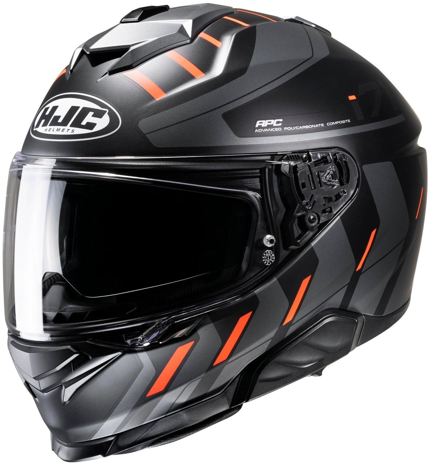 HJC i71 Simo full-face motorcycle helmet in black, gray and fluorescent orange.