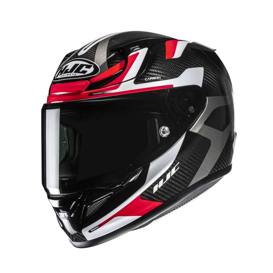 HJC RPHA 12 Carbon Xentra full-face helmet in black/red with carbon fiber pattern.