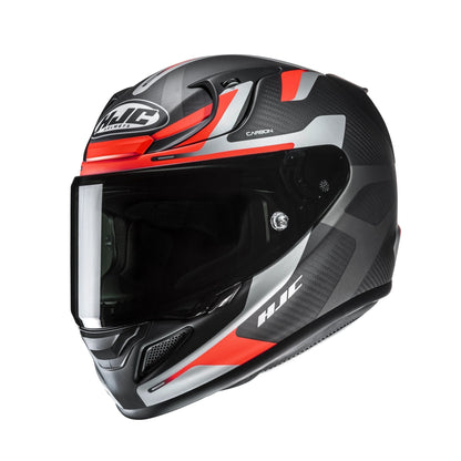 HJC RPHA 12 Carbon Xentra helmet in black, gray and orange with carbon pattern and tinted visor