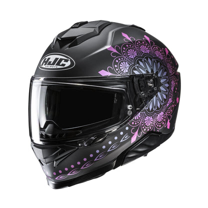 HJC i71 Niel full-face helmet, black with pink mandala graphics and clear visor