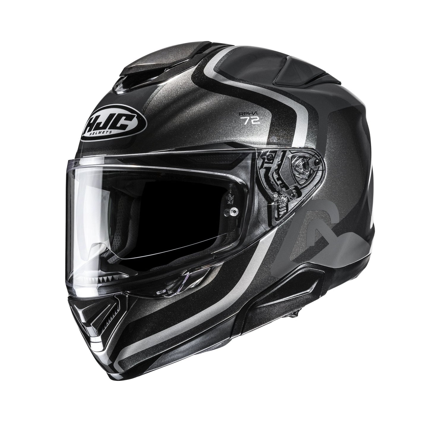 HJC RPHA 72 Ernem Gray MC5 full-face motorcycle helmet with metallic black-gray graphics and clear visor