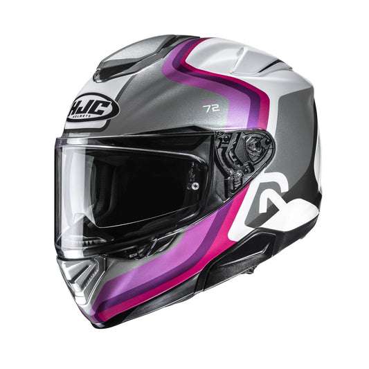HJC RPHA 72 full-face motorcycle helmet in gray, white and purple with pink stripes