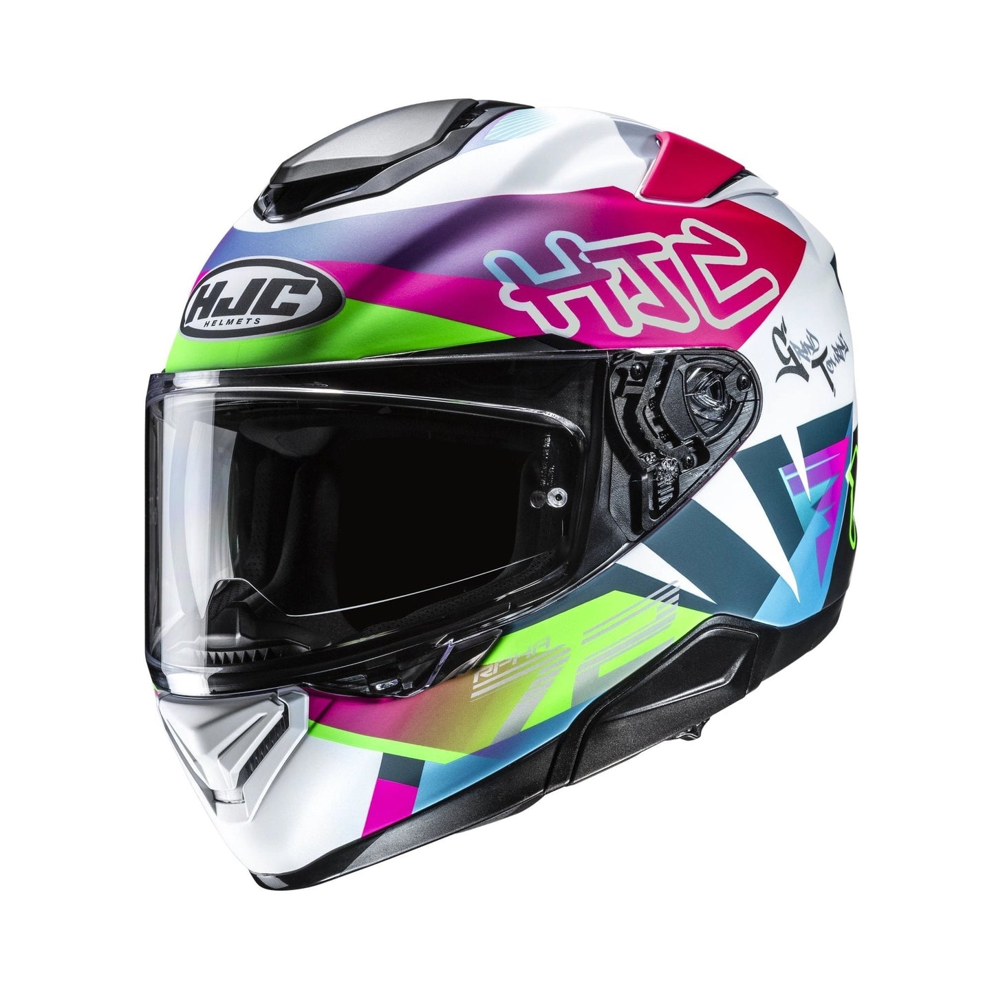 HJC RPHA 72 helmet in Goldy Green/White/Pink with a clear visor