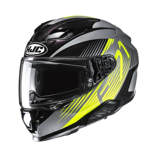 HJC F71 Catos helmet in black/gray with neon yellow graphics and clear visor