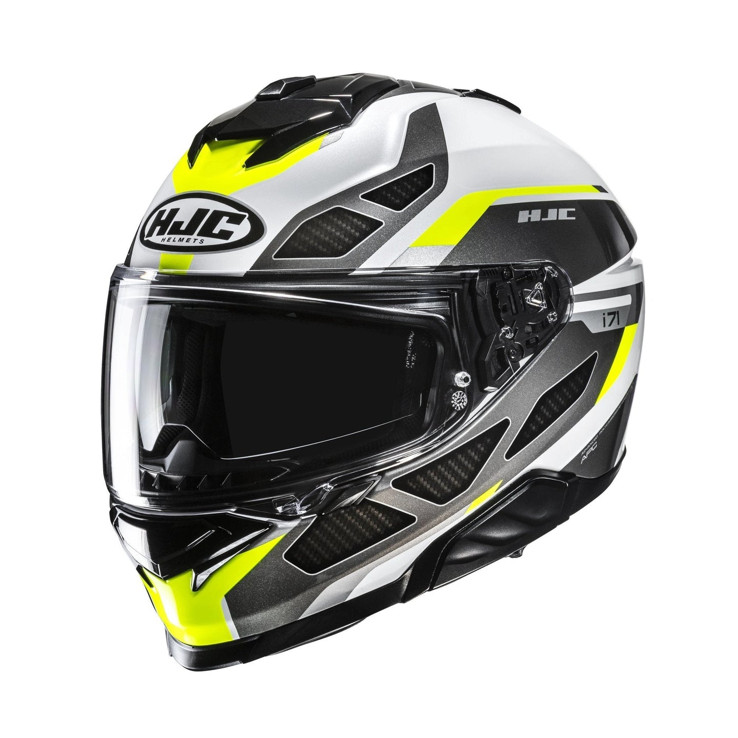 HJC i71 full-face motorcycle helmet in zest gray/white/fluo yellow with clear visor