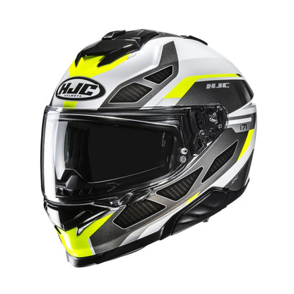 HJC i71 full-face motorcycle helmet in zest gray, white, and fluo yellow with clear visor