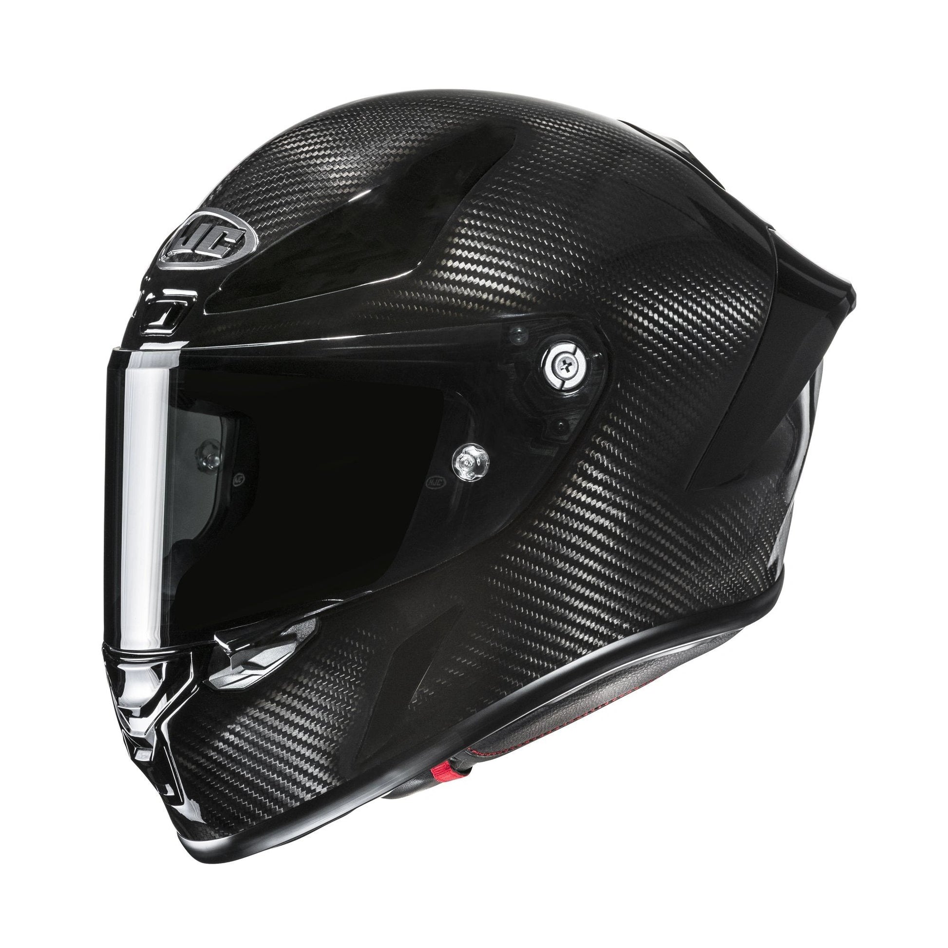 HJC RPHA 1 Carbon Solid full-face motorcycle helmet with black carbon fiber shell and clear visor