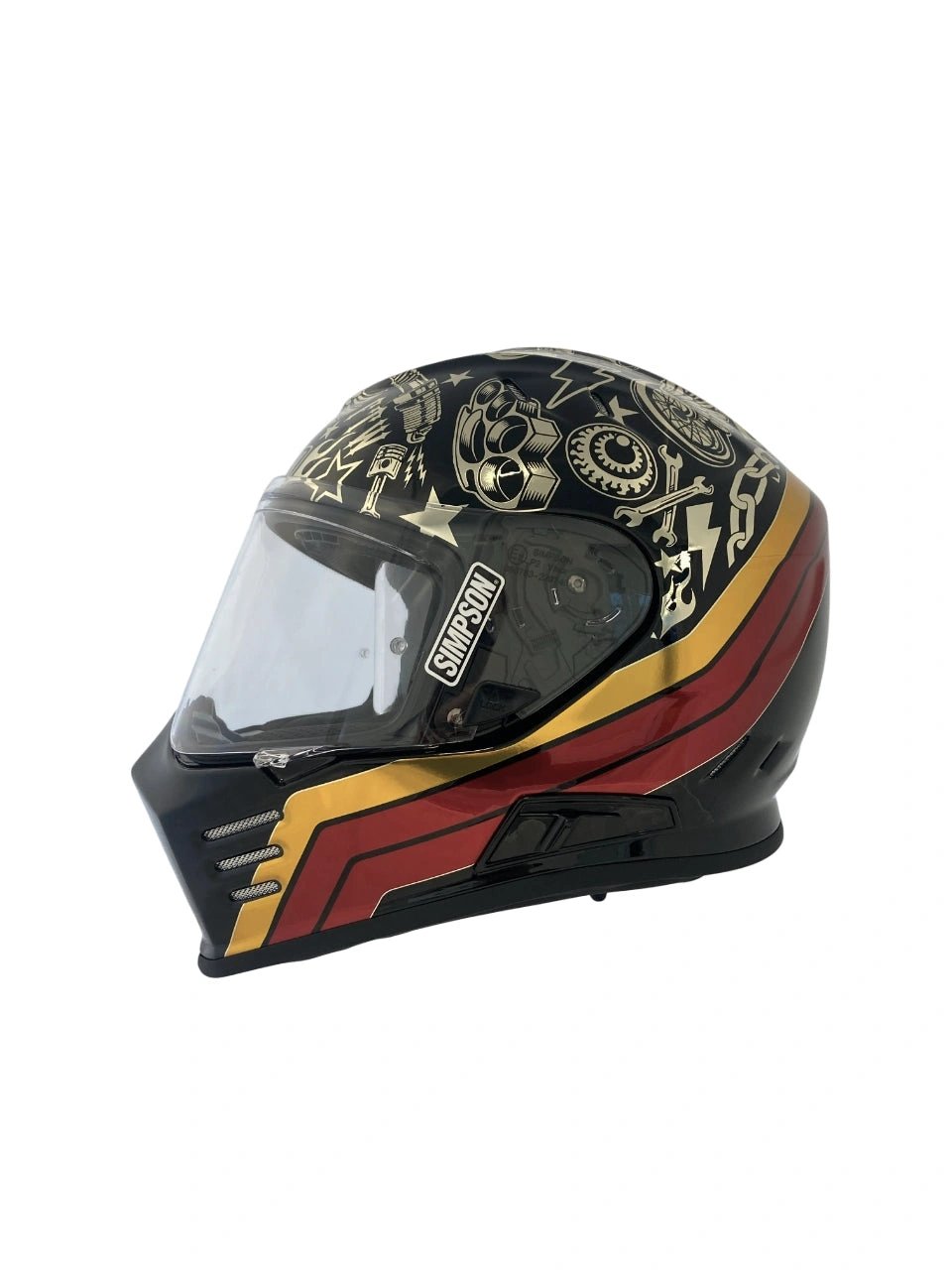 Simpson Venom Tattoo helmet, black/chrome full-face with gold-red stripe and logo