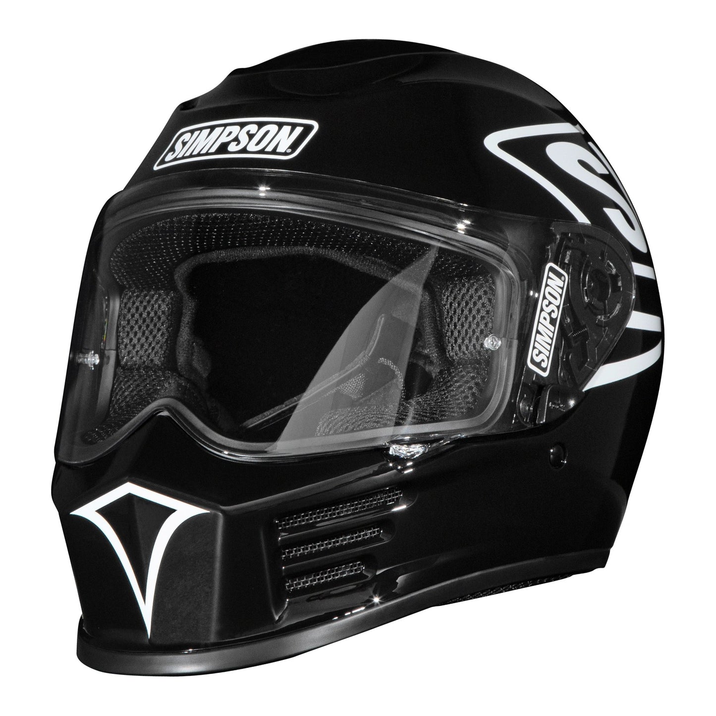 SIMPSON Speed 12 O'Clock helmet in black with clear visor and white logos.