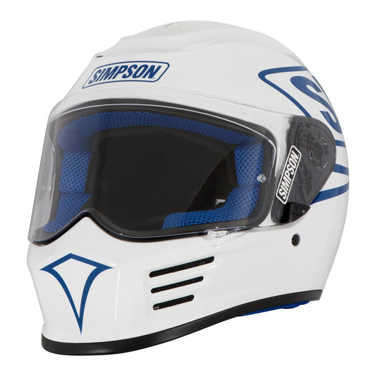 SIMPSON helmet Speed 12 O'Clock Pearl, white with blue graphics, clear visor and blue padded interior.