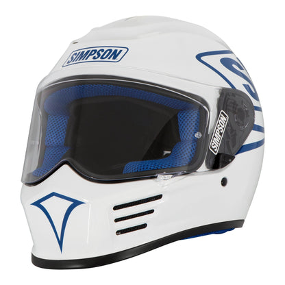 Simpson helmet Speed 12 O'Clock Pearl, white with blue graphics and blue interior padding.