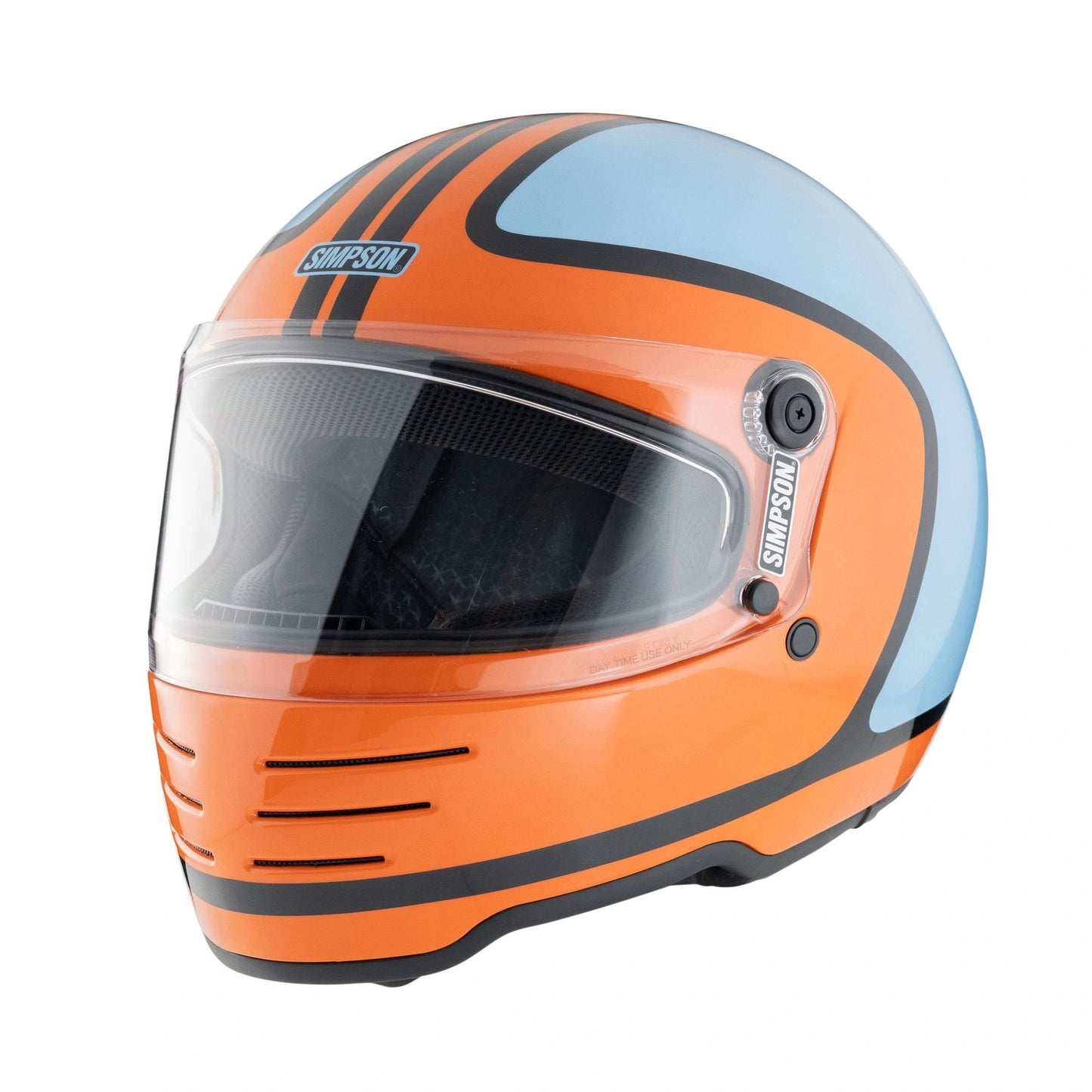 Simpson M62 Hondo helmet in orange and blue with clear visor