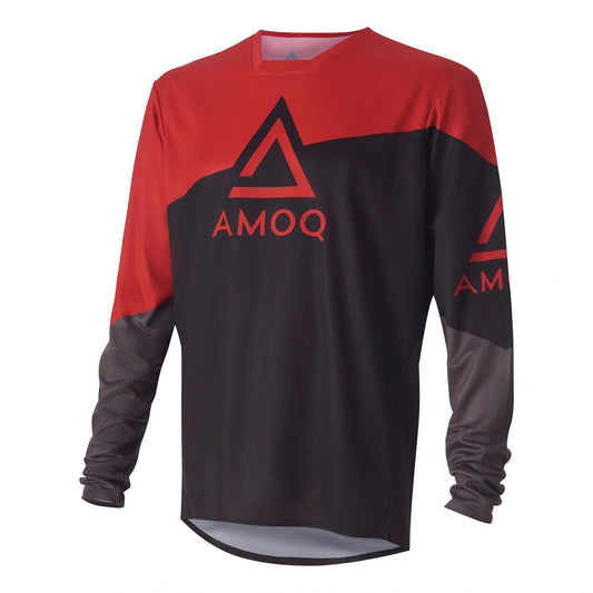 AMOQ Ascent Strive Jersey, red and black long-sleeve athletic top with bold AMOQ logo.