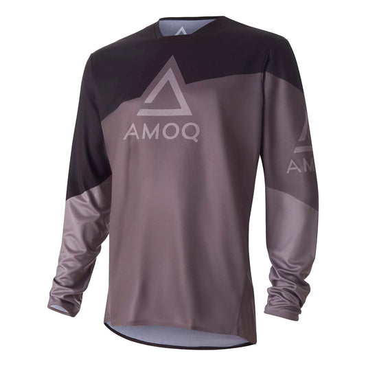 AMOQ Ascent Strive Jersey, long-sleeve in black and grey color-block with AMOQ logo.