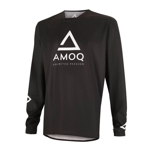 AMOQ Ascent Comp Jersey, black long-sleeve with white logo on chest and sleeve