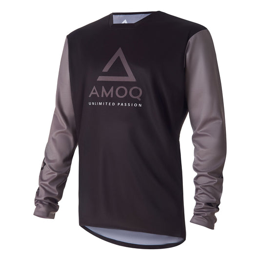 AMOQ Ascent Comp Jersey, black body with gray sleeves and front logo.