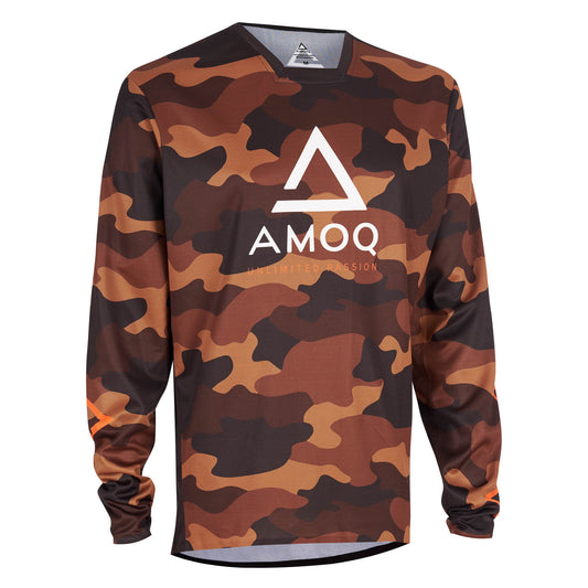 AMOQ Ascent Comp Jersey in brown camouflage with large white AMOQ logo on front and full-sleeve camo pattern