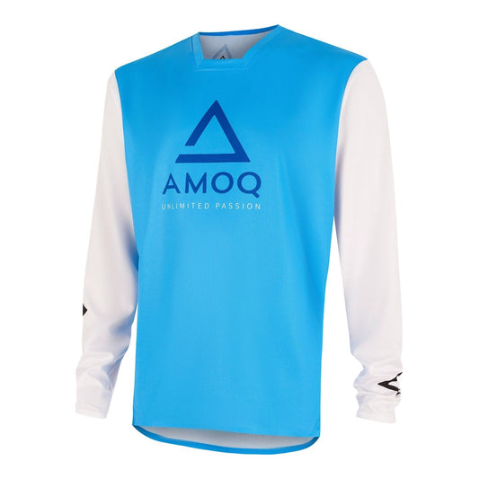 AMOQ Ascent Comp jersey, sky blue front with white long sleeves and AMOQ logo on chest