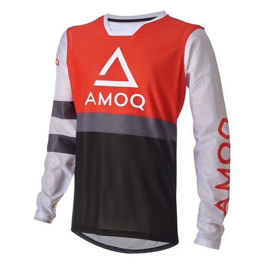 AMOQ airline mesh jersey; red bodice, white mesh sleeves, black lower panel, AMOQ logo