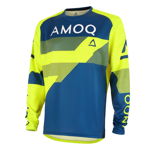 AMOQ Ascent Strive V2 jersey, yellow-navy colorway, long-sleeve with bold logo