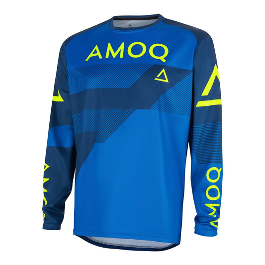 AMOQ Ascent Strive V2 Jersey in blue-navy with neon yellow branding, long-sleeve.