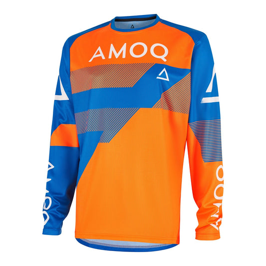 AMOQ Ascent Strive V2 Jersey long-sleeve in orange and blue with geometric diagonal panels