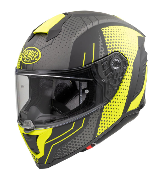 Premier Hyper BP Y9 BM full-face helmet in black/gray with neon yellow graphics and clear visor