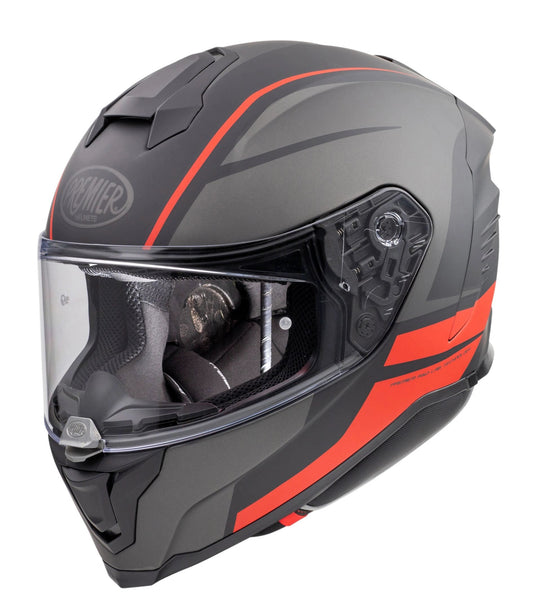 Premier Hyper DE 17 BM full-face motorcycle helmet, gray with orange accents and clear visor