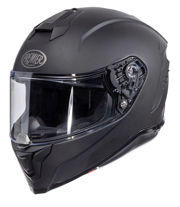 Premier Hyper Solid U9 BM helmet, matte black full-face with clear visor and Premier logo.