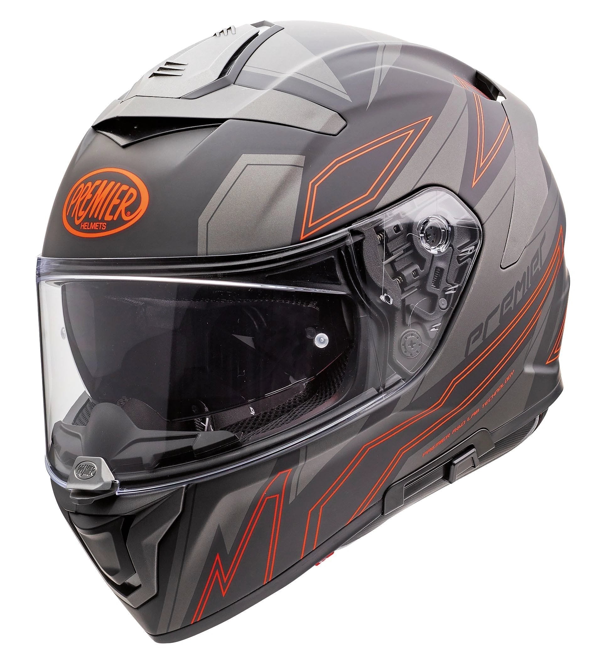 Premier Devil EL 93 BM full-face helmet with dark gray base and orange geometric graphics, clear visor.