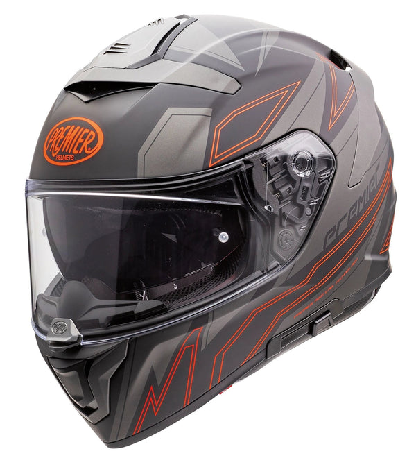 Premier Devil EL 93 BM full-face helmet with dark gray base and orange geometric graphics, clear visor.