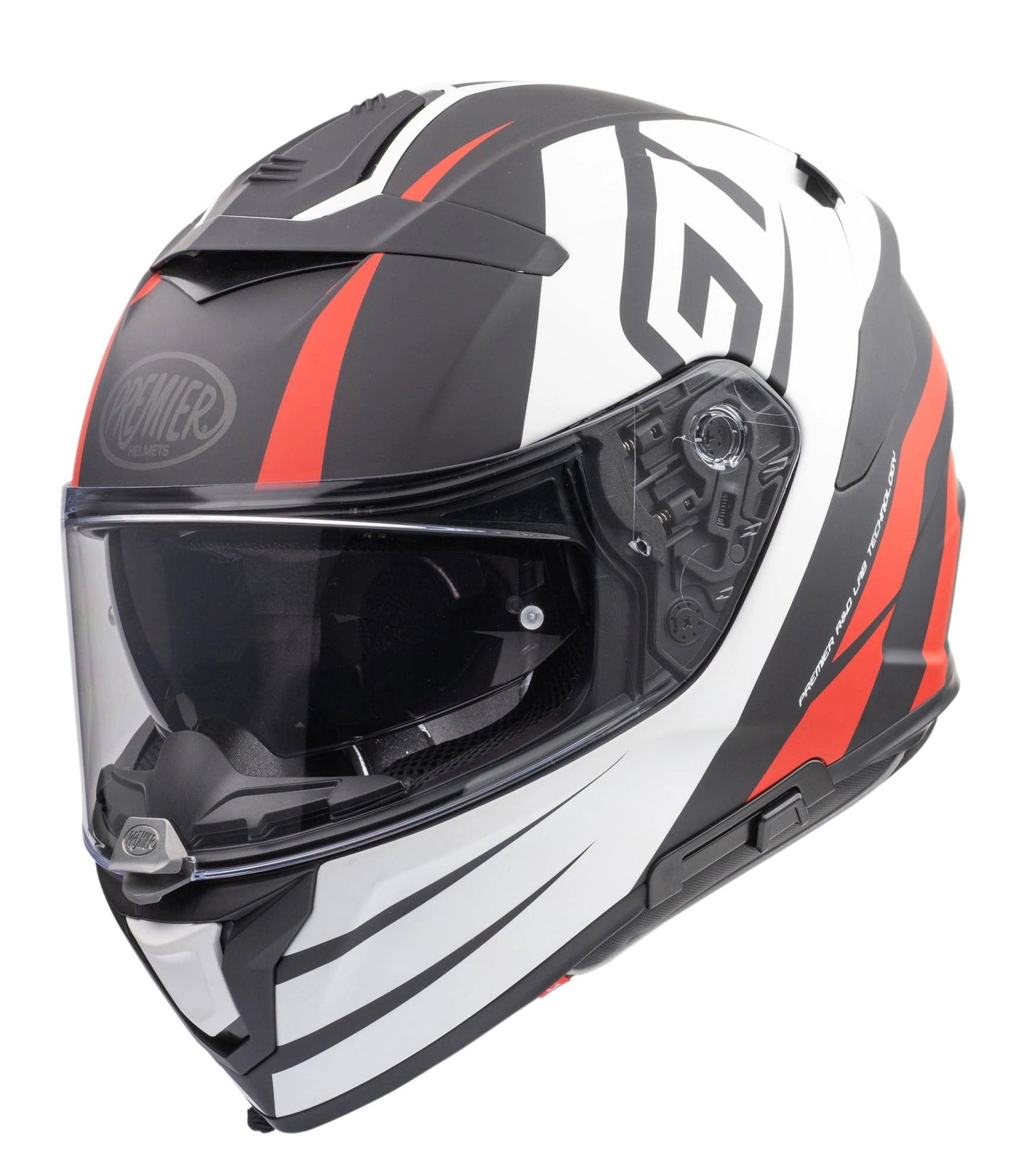 Premier Devil GT 92 BM full-face motorcycle helmet with black, white and red graphics and clear visor